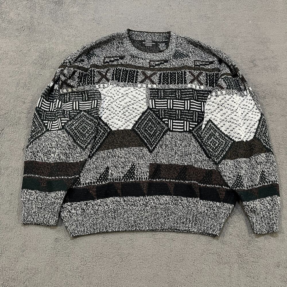 Expressions Gray Vintage Abstract Geometric Knit Crewneck Sweater Men's Size XL